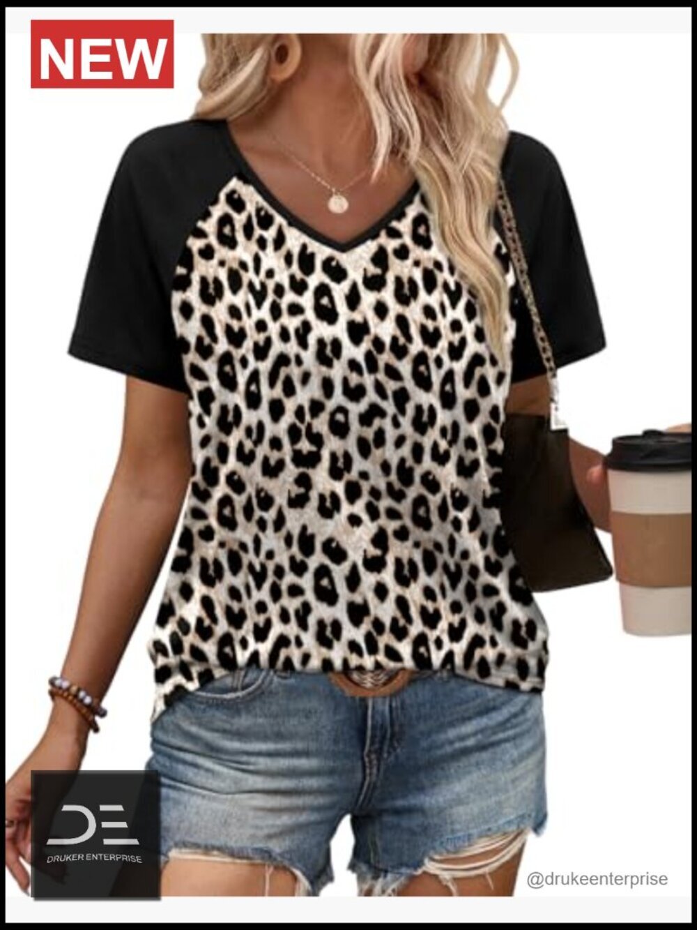 Boho Short Sleeve Raglan Top V-Neck Loose Fit Tee - Picture 2 of 7